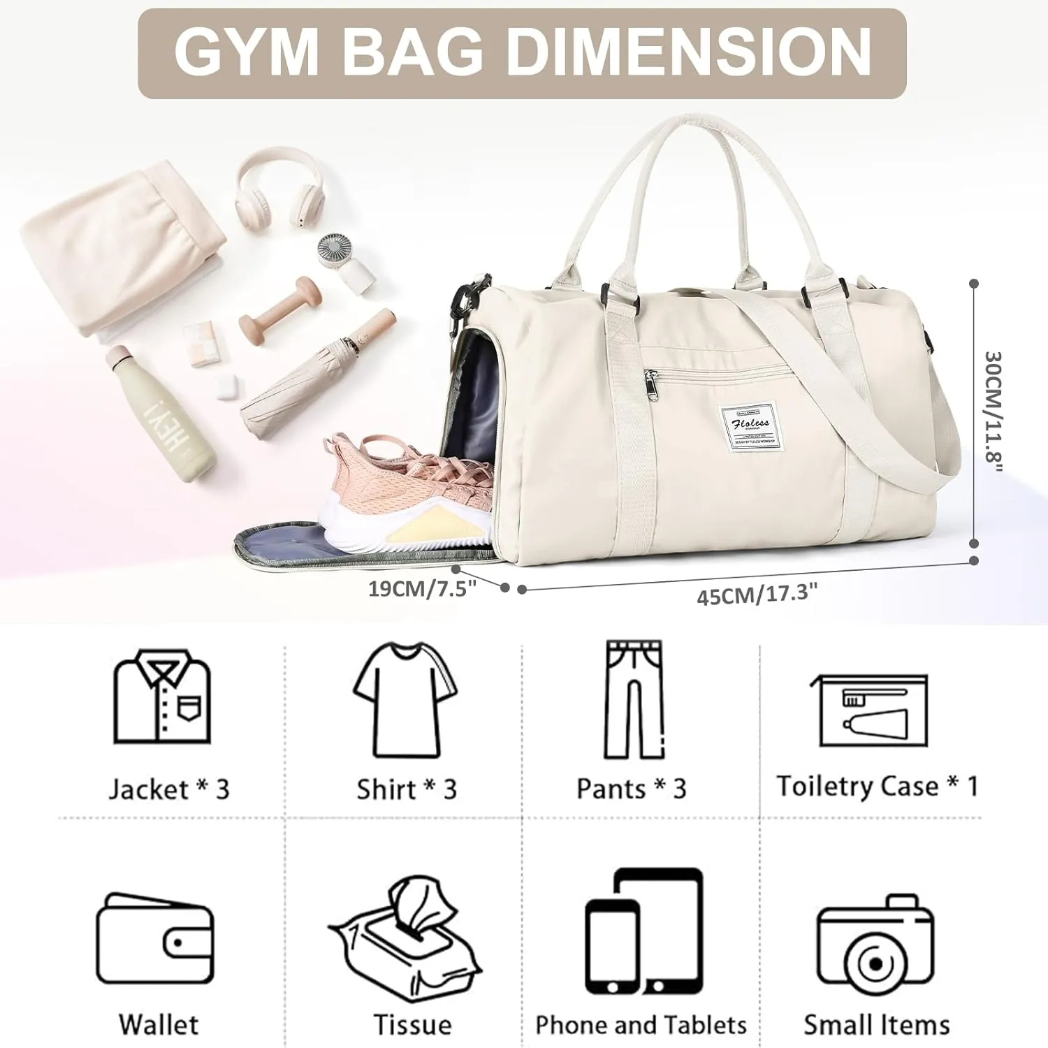 Gym Bag for Women Men with Shoes Compartment and Wet Pocket,Sport Swimming Yoga Bag,Waterproof Travel Duffel Bag Small Carry on Bag Overnight Weekender Bags Personal Item Bag for Airlines Cream White