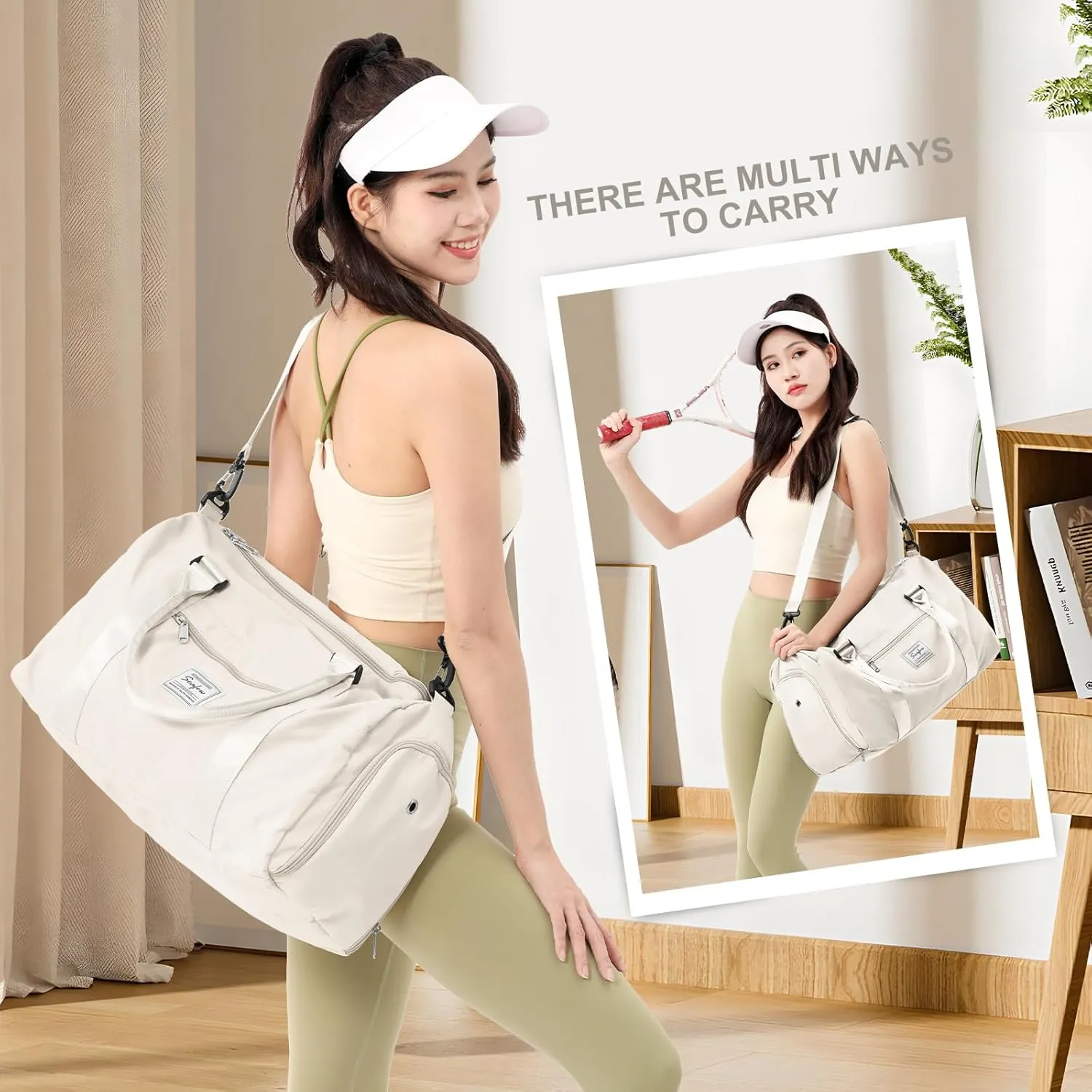 Gym Bag for Women Men with Shoes Compartment and Wet Pocket,Sport Swimming Yoga Bag,Waterproof Travel Duffel Bag Small Carry on Bag Overnight Weekender Bags Personal Item Bag for Airlines Cream White