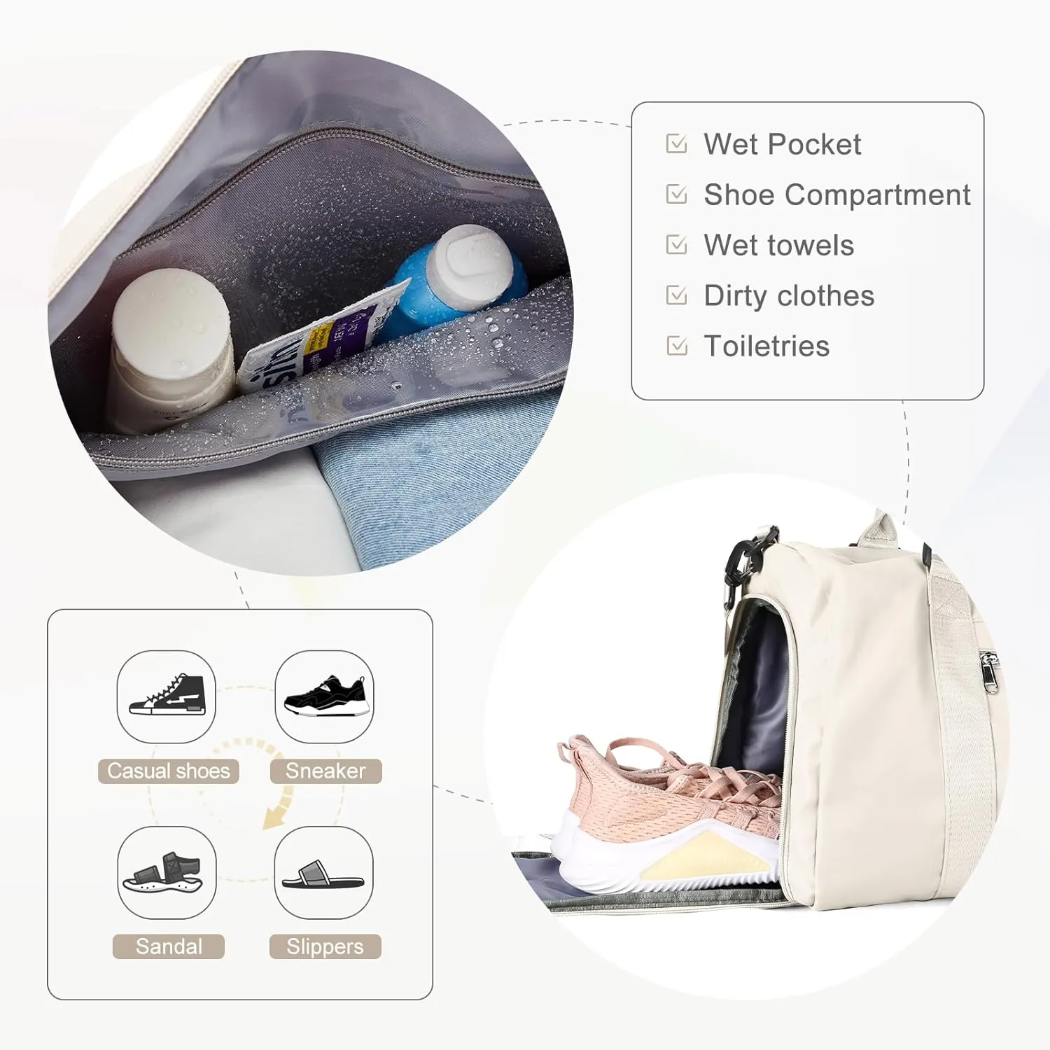 Gym Bag for Women Men with Shoes Compartment and Wet Pocket,Sport Swimming Yoga Bag,Waterproof Travel Duffel Bag Small Carry on Bag Overnight Weekender Bags Personal Item Bag for Airlines Cream White