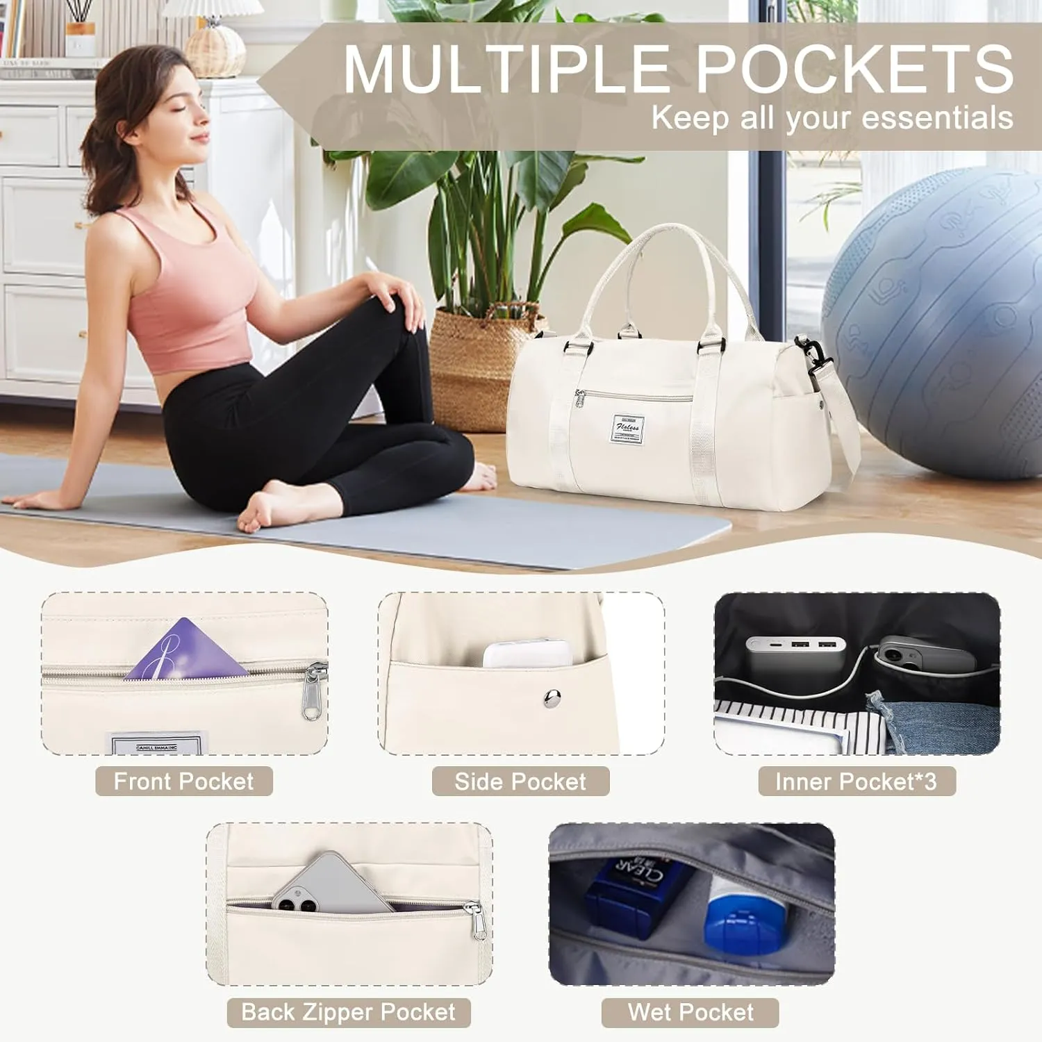 Gym Bag for Women Men with Shoes Compartment and Wet Pocket,Sport Swimming Yoga Bag,Waterproof Travel Duffel Bag Small Carry on Bag Overnight Weekender Bags Personal Item Bag for Airlines Cream White
