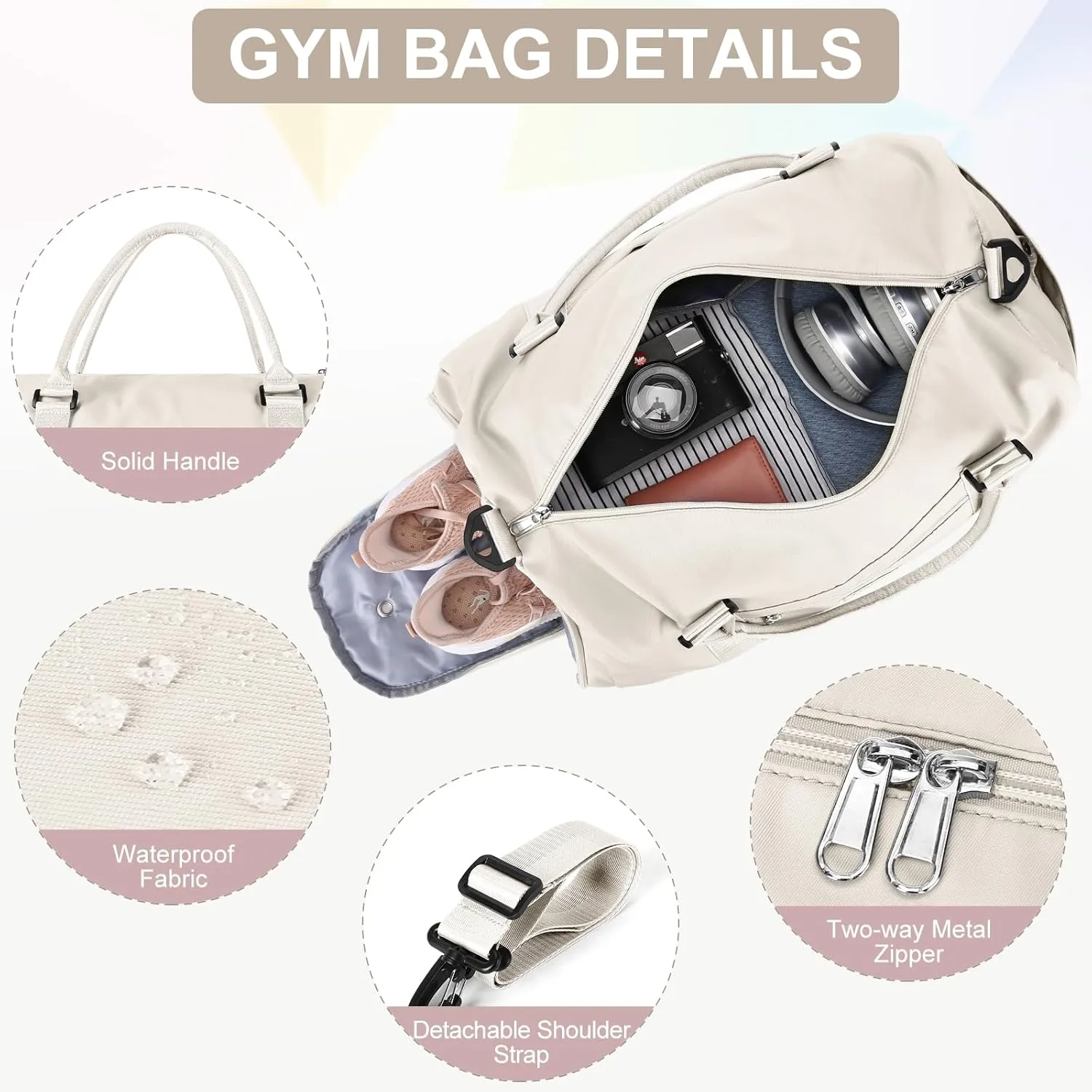 Gym Bag for Women Men with Shoes Compartment and Wet Pocket,Sport Swimming Yoga Bag,Waterproof Travel Duffel Bag Small Carry on Bag Overnight Weekender Bags Personal Item Bag for Airlines Cream White