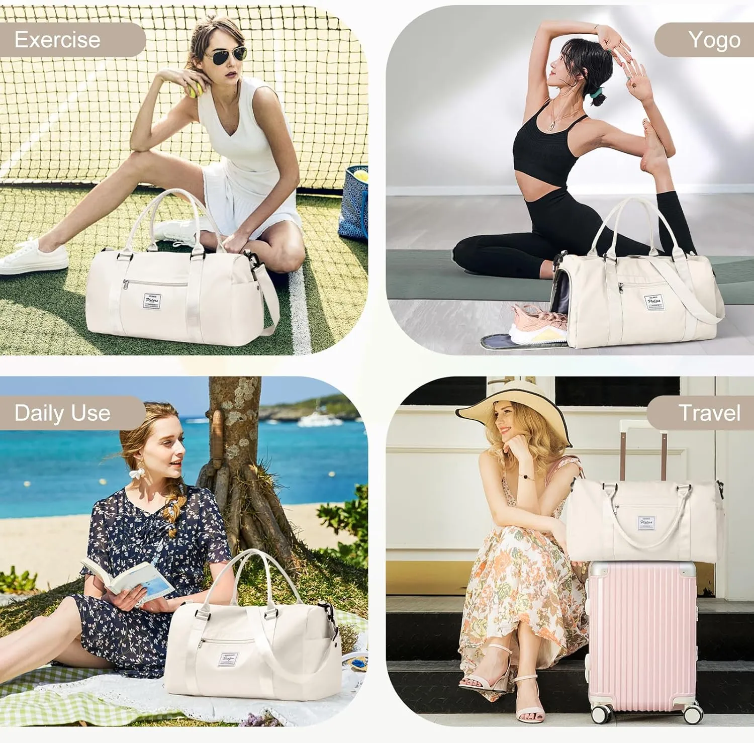 Gym Bag for Women Men with Shoes Compartment and Wet Pocket,Sport Swimming Yoga Bag,Waterproof Travel Duffel Bag Small Carry on Bag Overnight Weekender Bags Personal Item Bag for Airlines Cream White