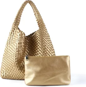 Hand Woven Tote for Women - Vegan Leather Handle Handbag, Travel Shoulder Bag, Hobo and Beach Bag With Purse