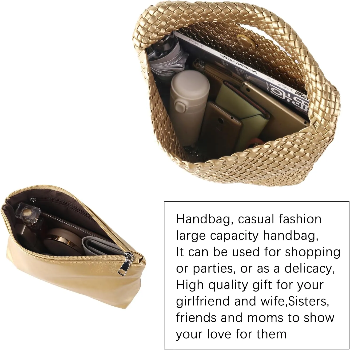 Hand Woven Tote for Women - Vegan Leather Handle Handbag, Travel Shoulder Bag, Hobo and Beach Bag With Purse
