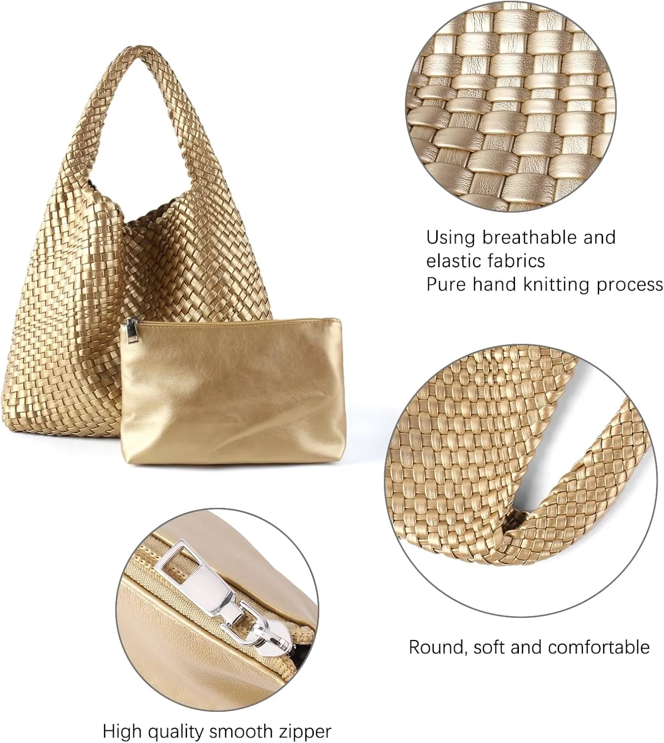 Hand Woven Tote for Women - Vegan Leather Handle Handbag, Travel Shoulder Bag, Hobo and Beach Bag With Purse