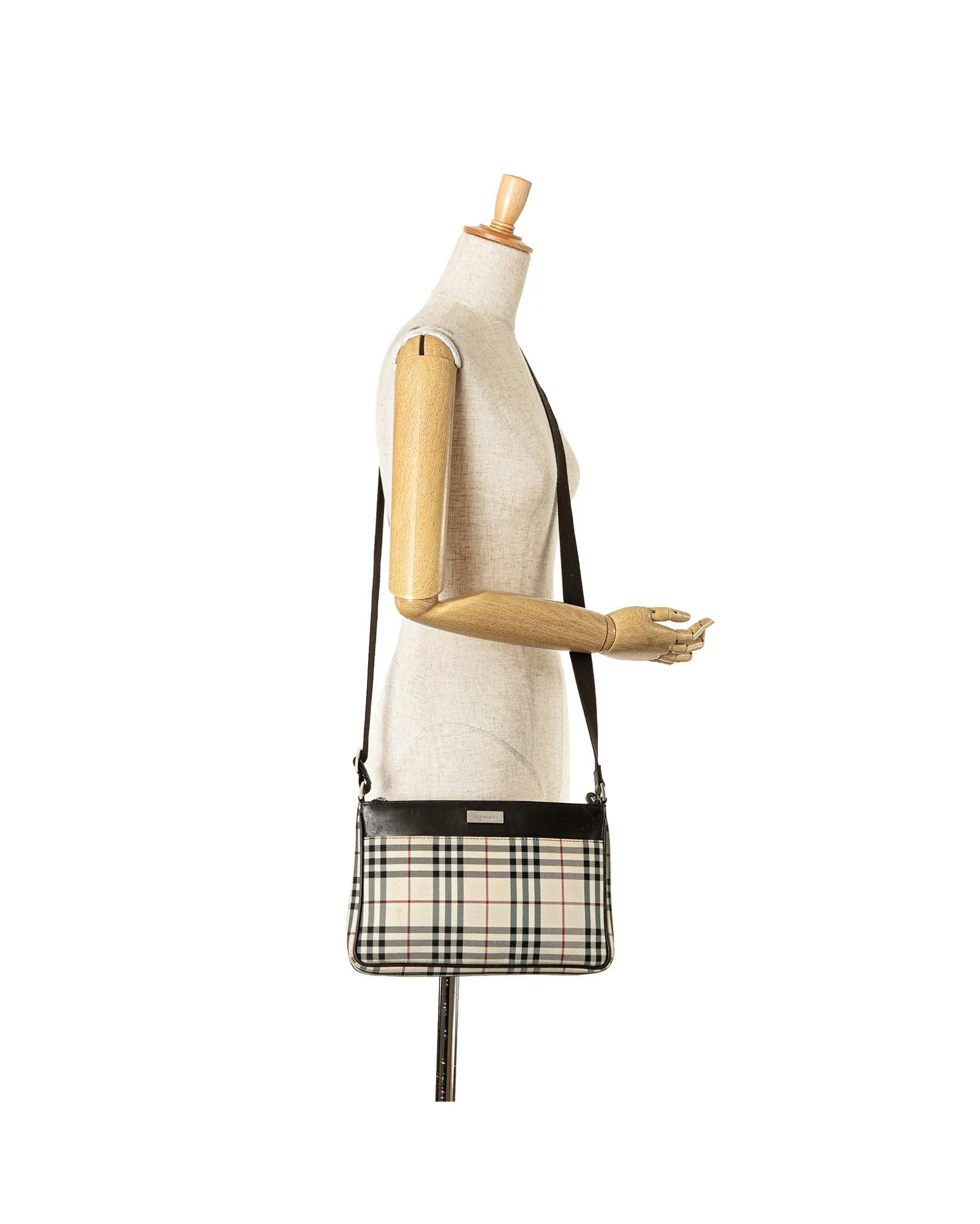 House Check Canvas Crossbody Bag with Leather Trim and Adjustable Strap