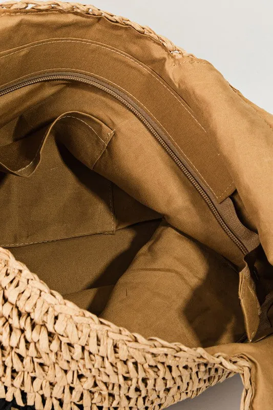 Ivory Striped Woven Straw Braided Summer Tote Bag