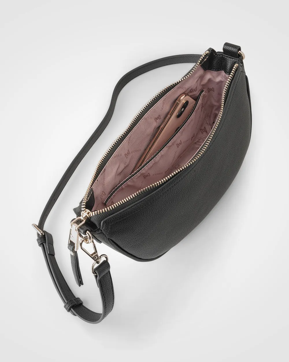 Layla Zip Top Curved Crossbody With Metallic Stripe Strap
