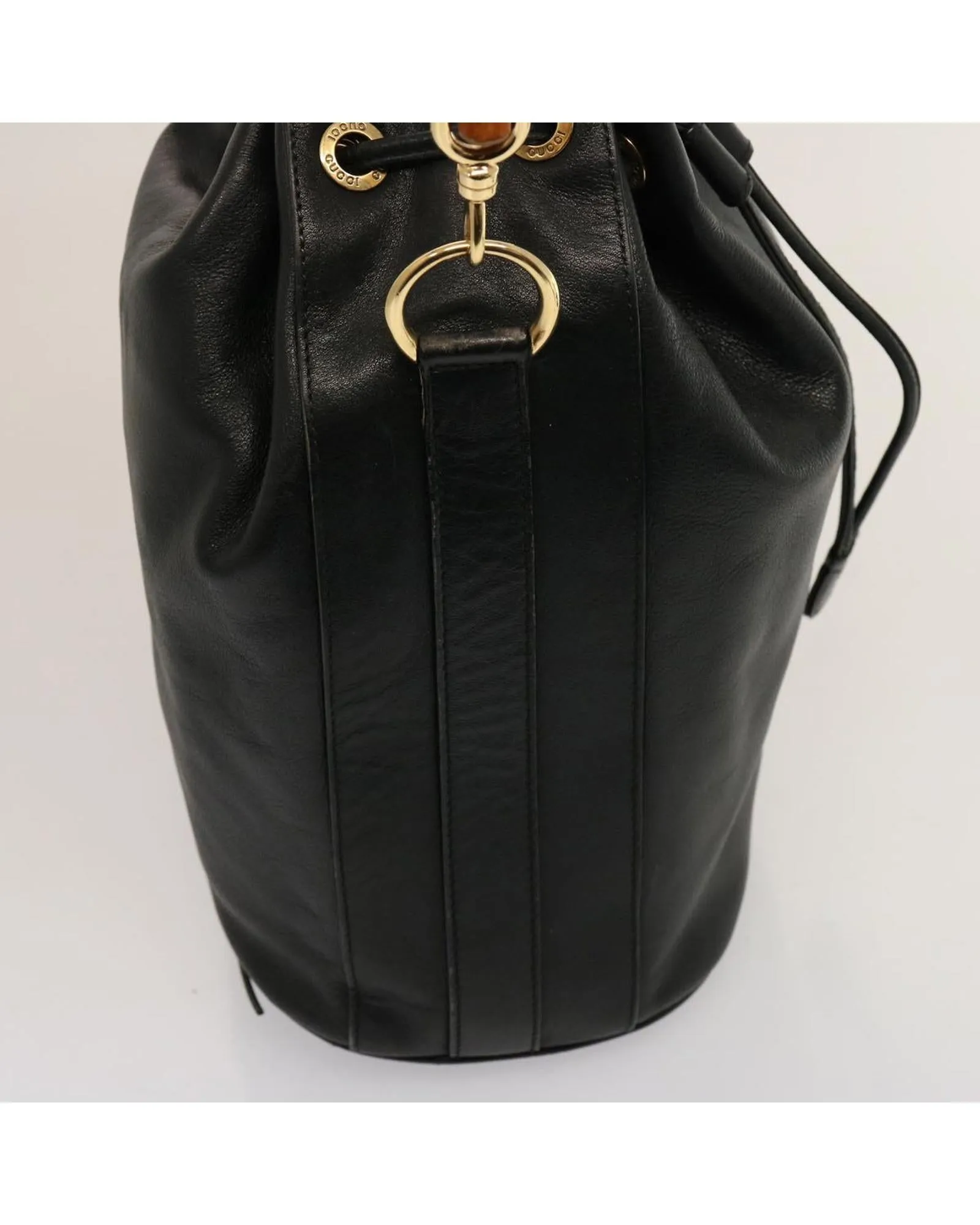 Leather Bamboo Hand Bag with Shoulder Strap - Black