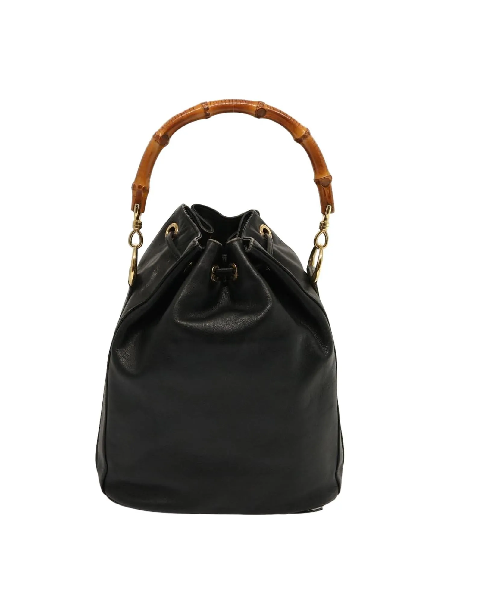 Leather Bamboo Hand Bag with Shoulder Strap - Black