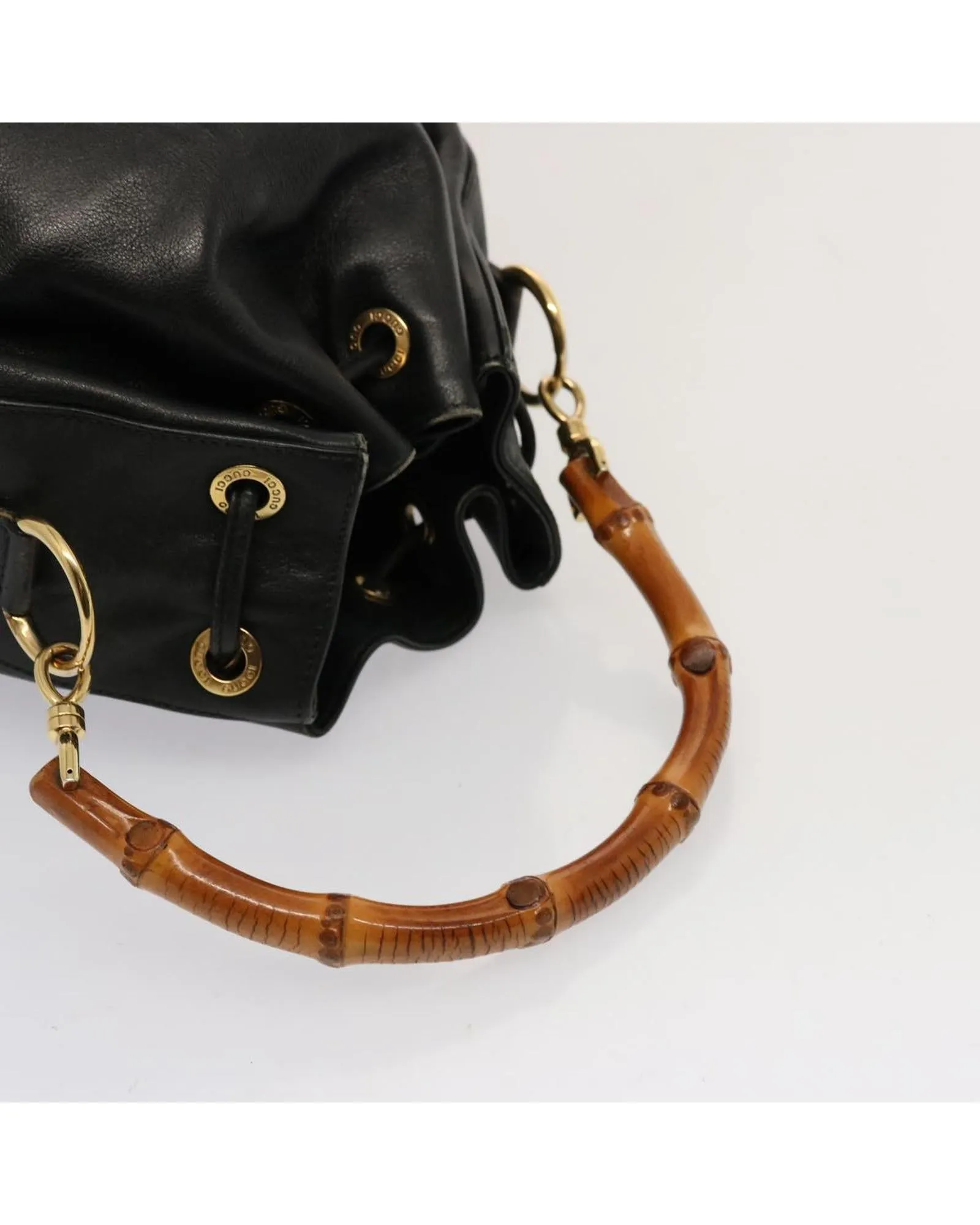 Leather Bamboo Hand Bag with Shoulder Strap - Black