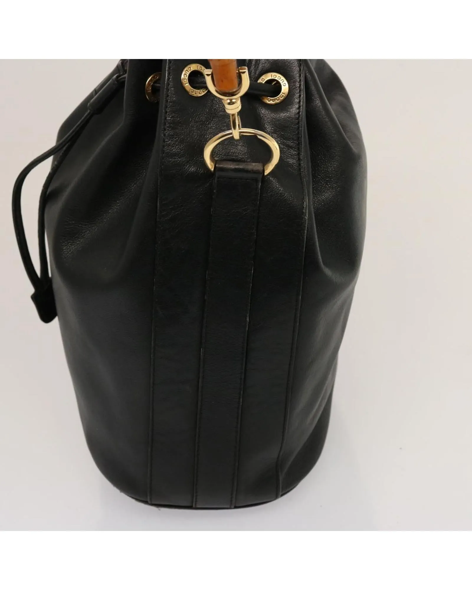 Leather Bamboo Hand Bag with Shoulder Strap - Black