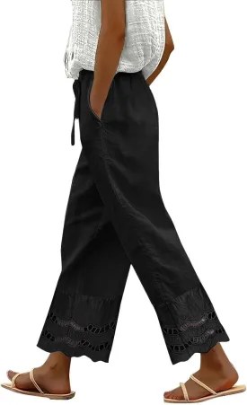 Linen Pants Women Wide Leg Cropped Lounge Trousers Drawstring Elastic Waist Summer Boho Palazzo Flowy Pant Outfits