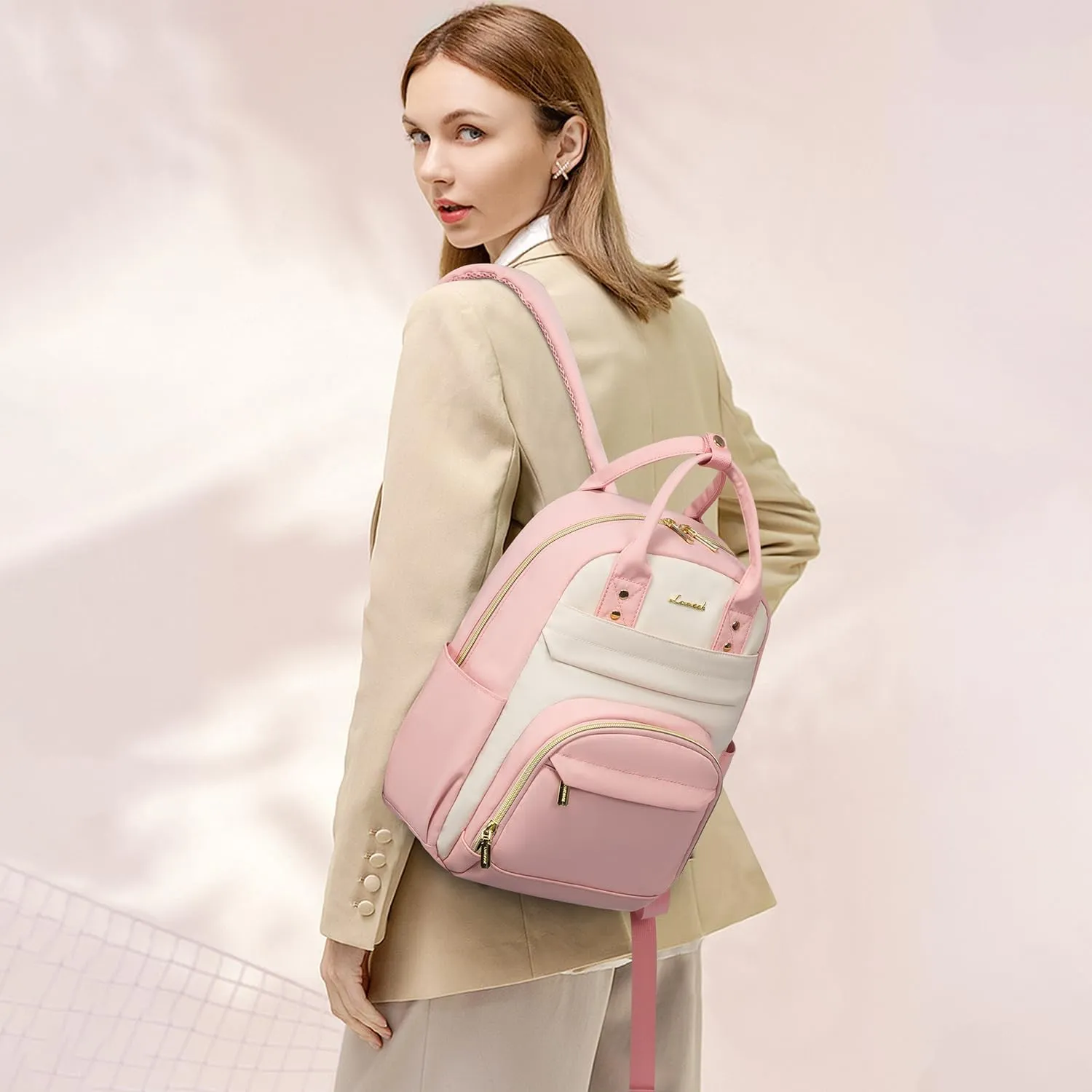LOVEVOOK Small Backpack Purse for Women, Mini Backpack, Light Weight Cute Fashion Backpack for Work Daily Travel, Pink-Beige