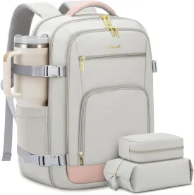 LOVEVOOK Travel Backpack For Women, 40L Carry On Backpack Flight Approved, TSA Personal Item Travel Bag Fits 17 Inch Laptop, Business Weekender Overnight Waterproof Daypack With 2 Cubes, Grey-Pink