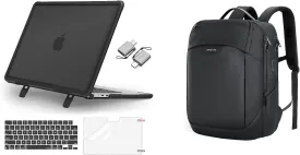 MOSISO 15.6-16 inch Laptop Backpack with USB Port&Front Pocket&Compatible with MacBook Air 15 inch Case M4 M3 M2, Heavy Duty Case with Fold Kickstand&Keyboard Cover&Screen Protector&Type C, Black