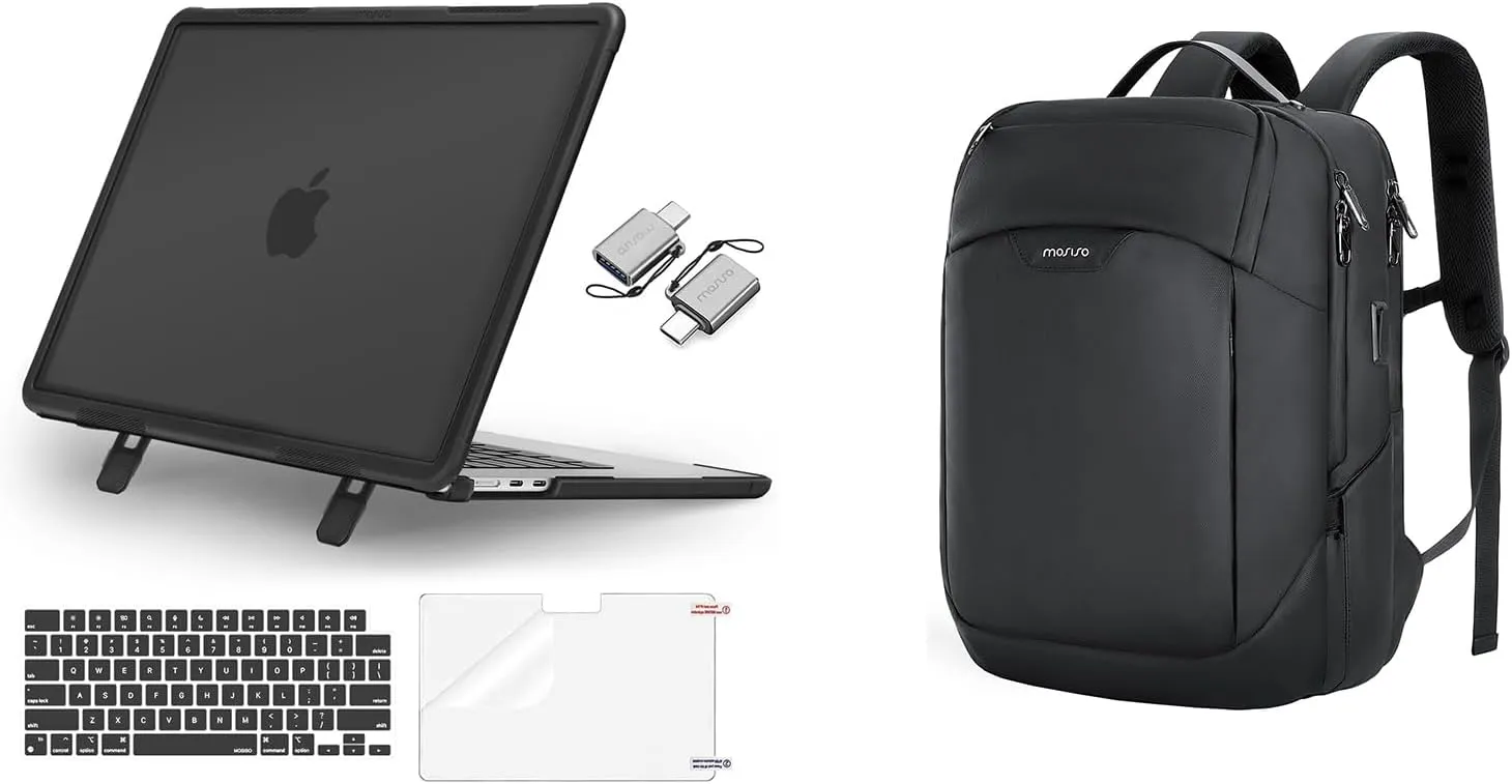 MOSISO 15.6-16 inch Laptop Backpack with USB Port&Front Pocket&Compatible with MacBook Air 15 inch Case M4 M3 M2, Heavy Duty Case with Fold Kickstand&Keyboard Cover&Screen Protector&Type C, Black