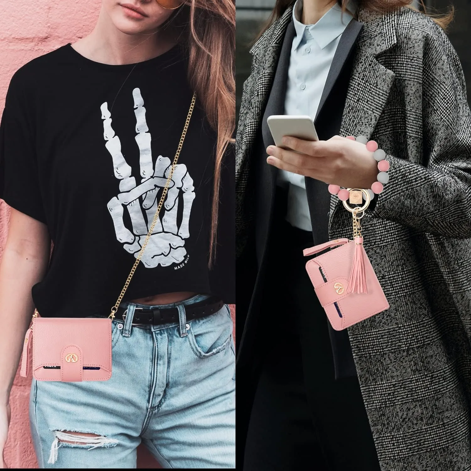 Multi-Purpose Wallet High Capacity Card Holder Zipper Coin Purse with Wristlet Bracelet Keychain Silicone Beaded Bangle Key Ring