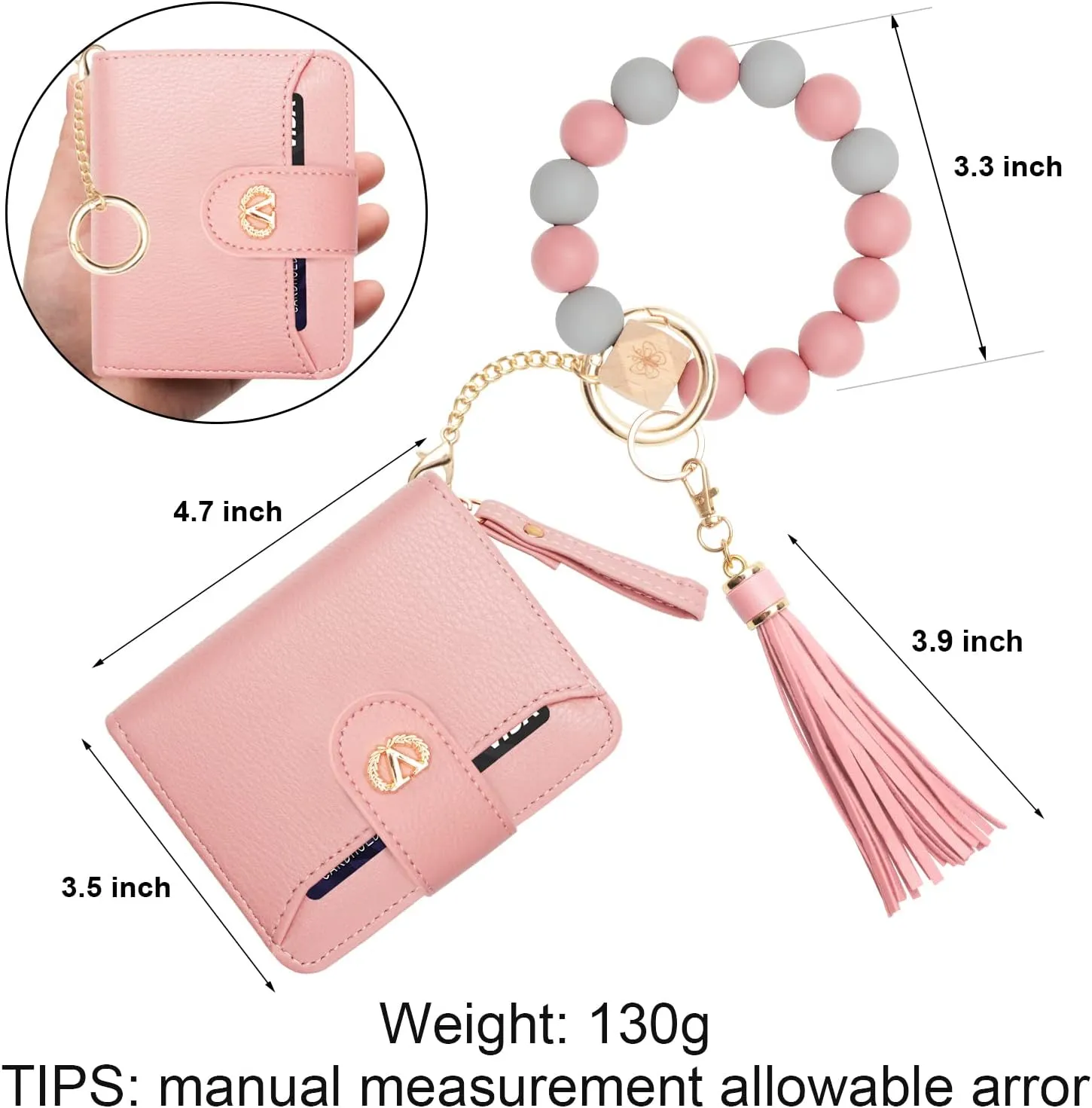 Multi-Purpose Wallet High Capacity Card Holder Zipper Coin Purse with Wristlet Bracelet Keychain Silicone Beaded Bangle Key Ring