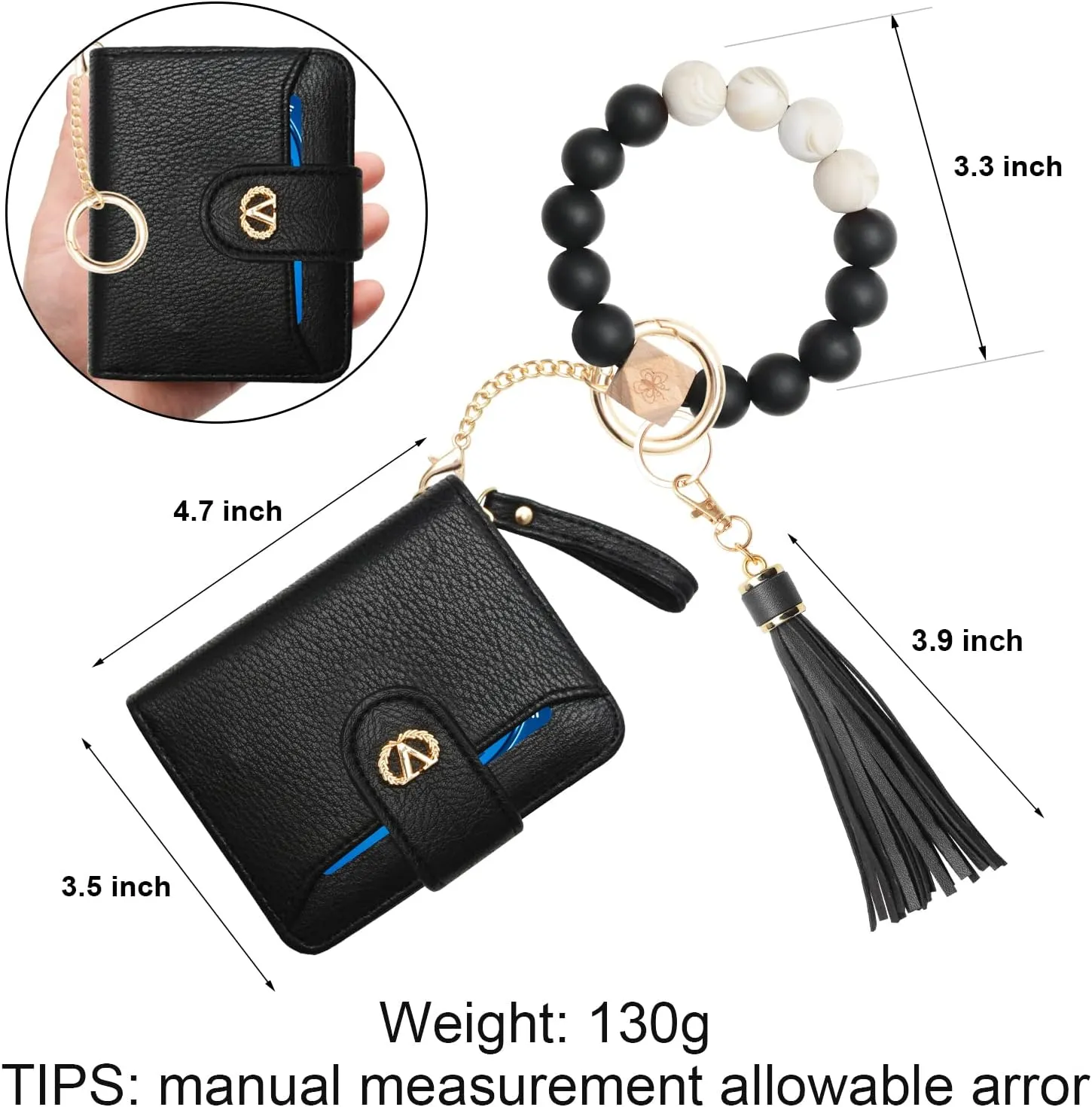 Multi-Purpose Wallet High Capacity Card Holder Zipper Coin Purse with Wristlet Bracelet Keychain Silicone Beaded Bangle Key Ring