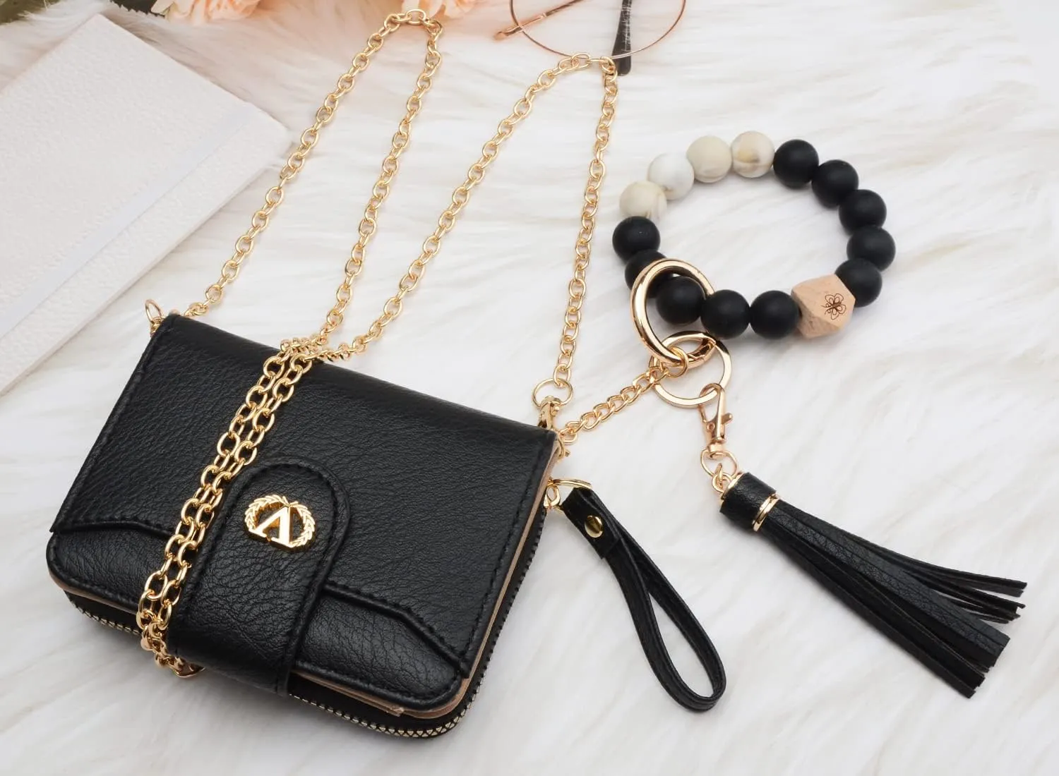 Multi-Purpose Wallet High Capacity Card Holder Zipper Coin Purse with Wristlet Bracelet Keychain Silicone Beaded Bangle Key Ring