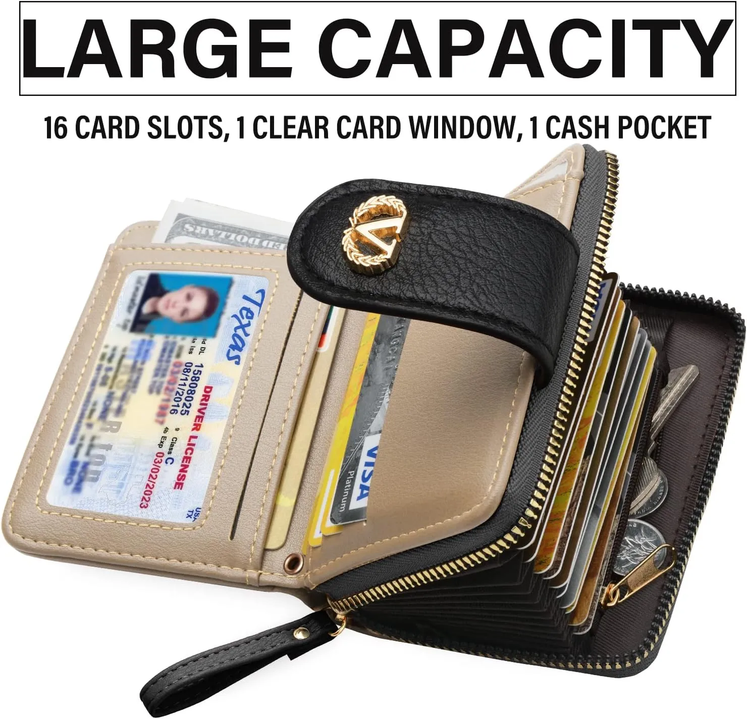Multi-Purpose Wallet High Capacity Card Holder Zipper Coin Purse with Wristlet Bracelet Keychain Silicone Beaded Bangle Key Ring