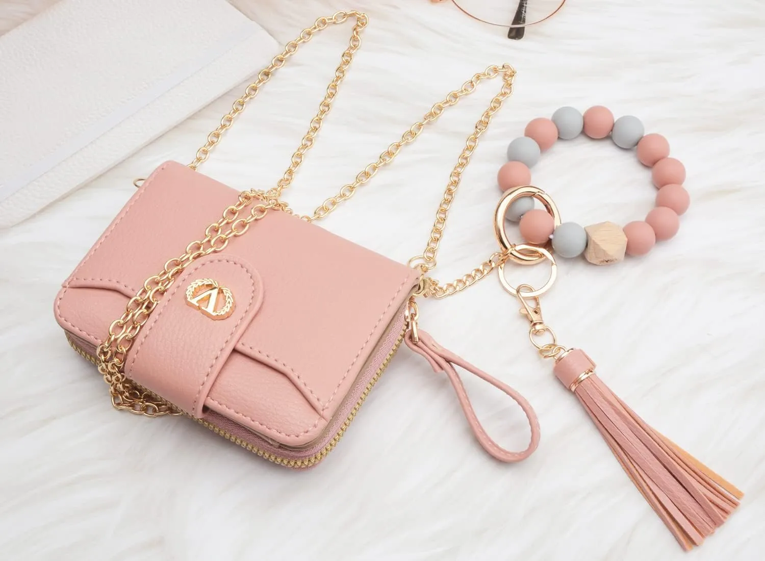 Multi-Purpose Wallet High Capacity Card Holder Zipper Coin Purse with Wristlet Bracelet Keychain Silicone Beaded Bangle Key Ring