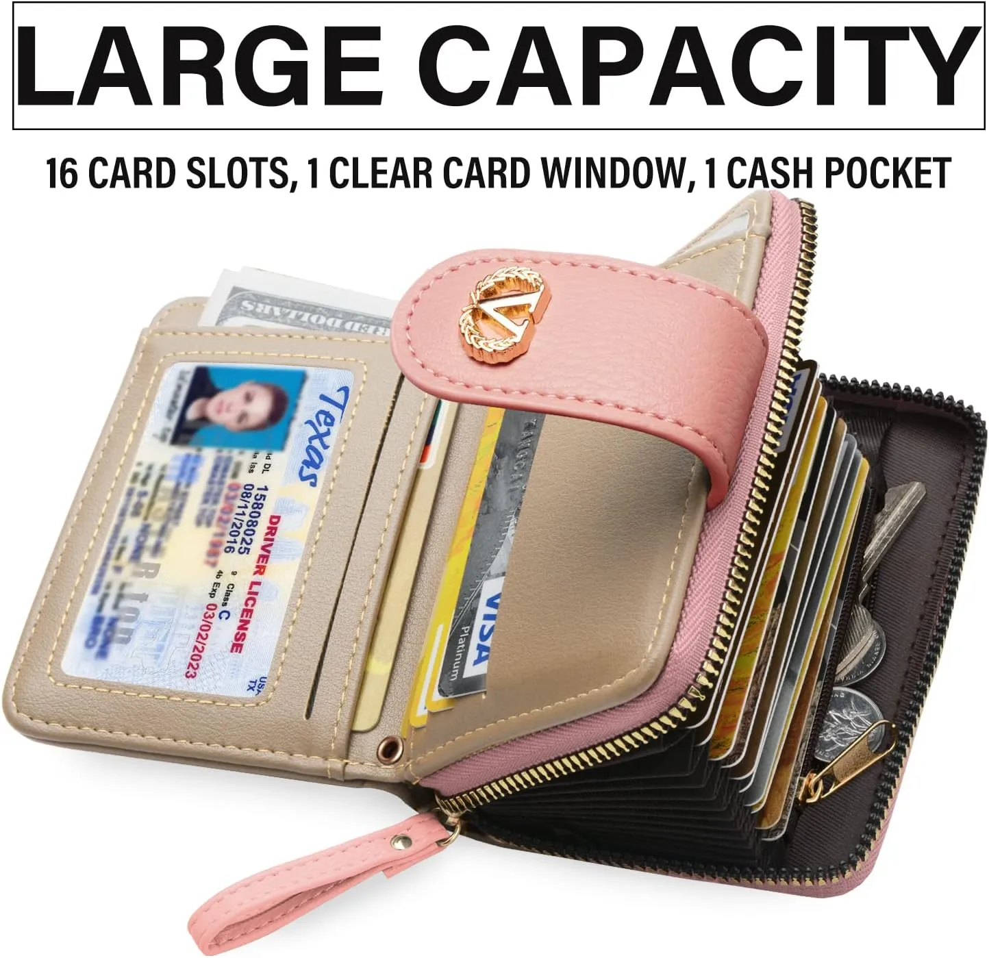 Multi-Purpose Wallet High Capacity Card Holder Zipper Coin Purse with Wristlet Bracelet Keychain Silicone Beaded Bangle Key Ring