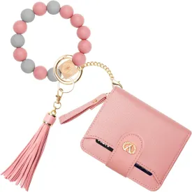 Multi-Purpose Wallet High Capacity Card Holder Zipper Coin Purse with Wristlet Bracelet Keychain Silicone Beaded Bangle Key Ring