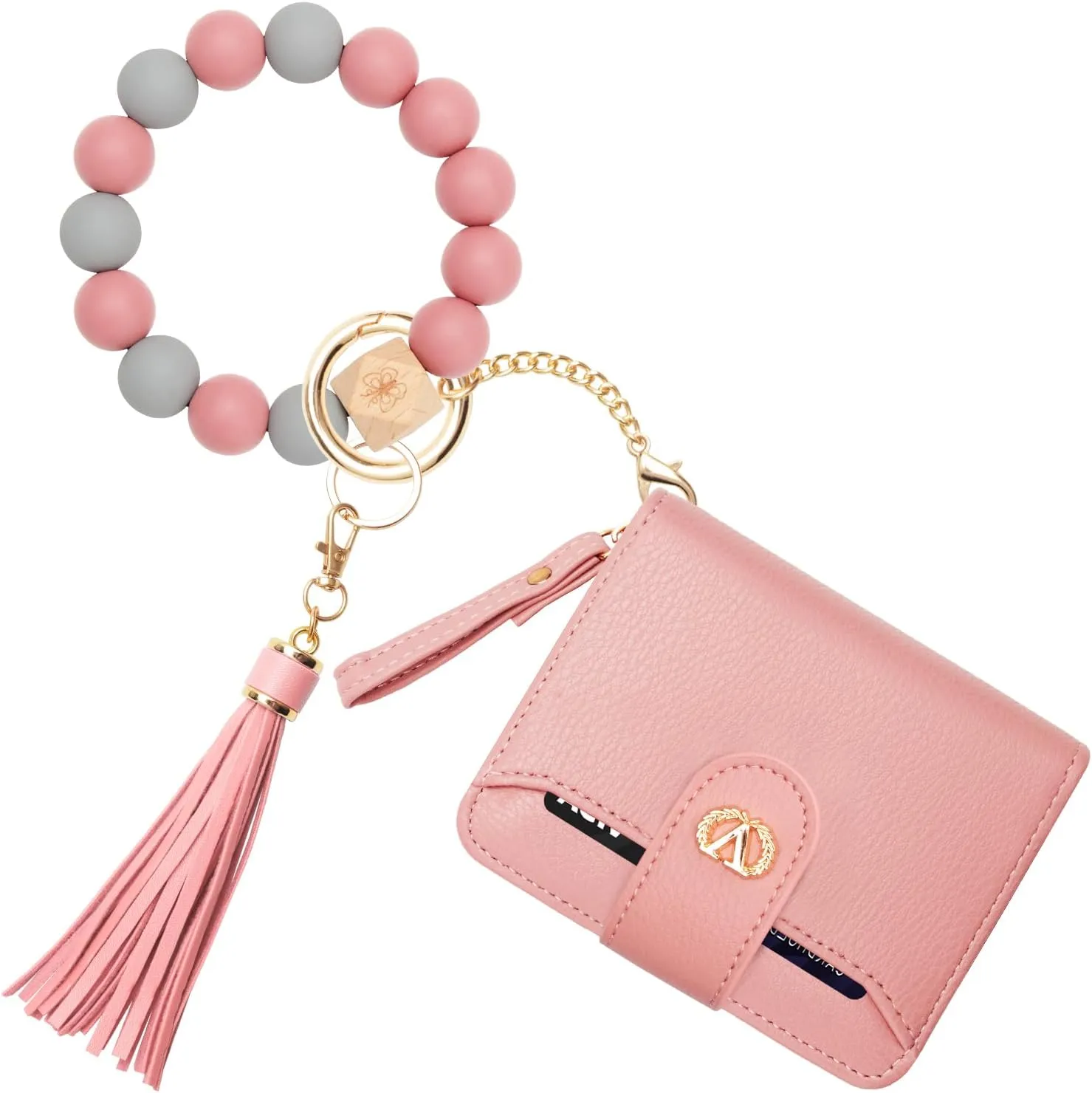 Multi-Purpose Wallet High Capacity Card Holder Zipper Coin Purse with Wristlet Bracelet Keychain Silicone Beaded Bangle Key Ring