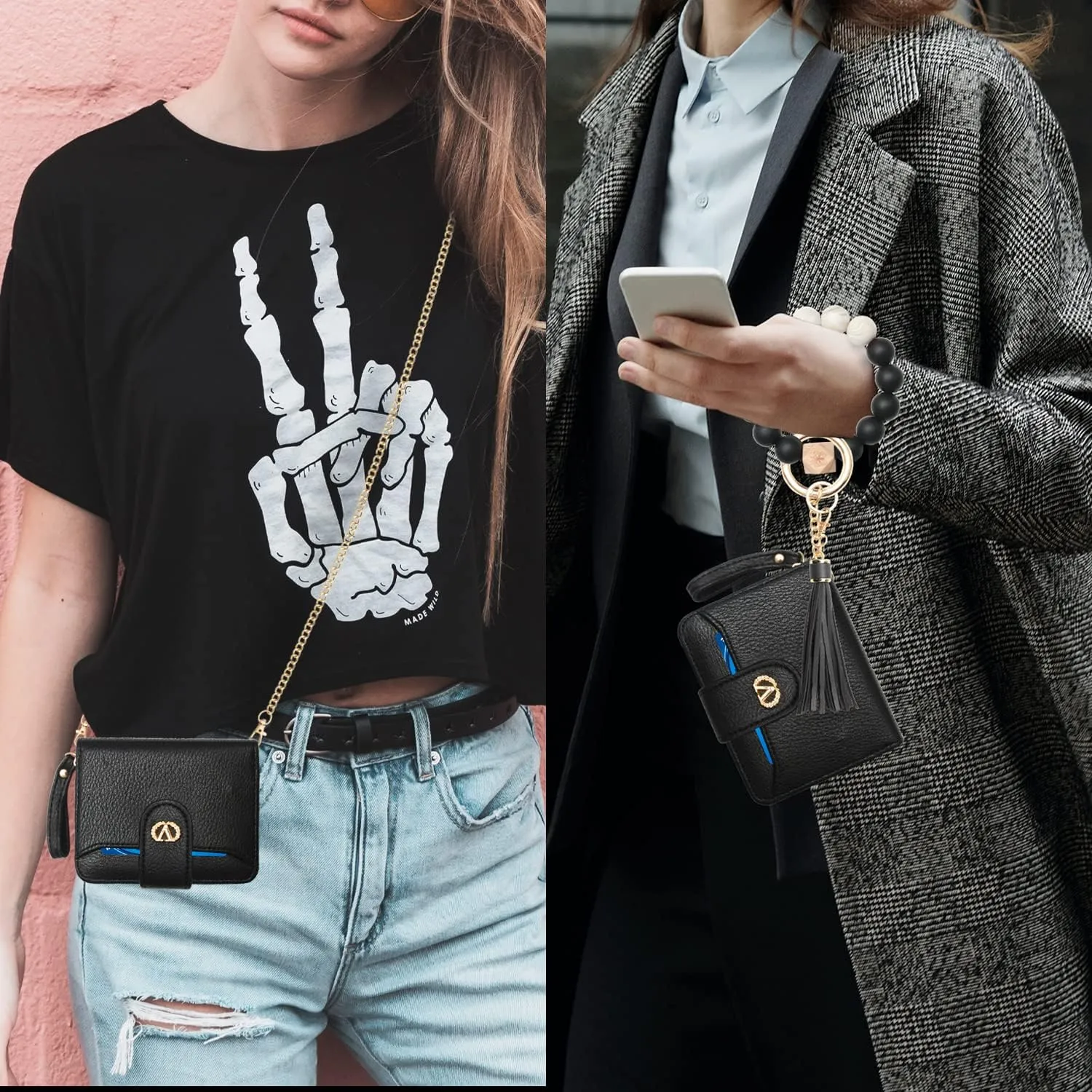 Multi-Purpose Wallet High Capacity Card Holder Zipper Coin Purse with Wristlet Bracelet Keychain Silicone Beaded Bangle Key Ring