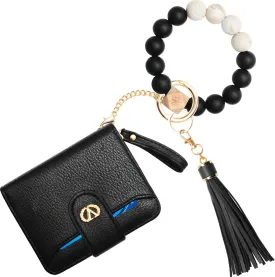Multi-Purpose Wallet High Capacity Card Holder Zipper Coin Purse with Wristlet Bracelet Keychain Silicone Beaded Bangle Key Ring
