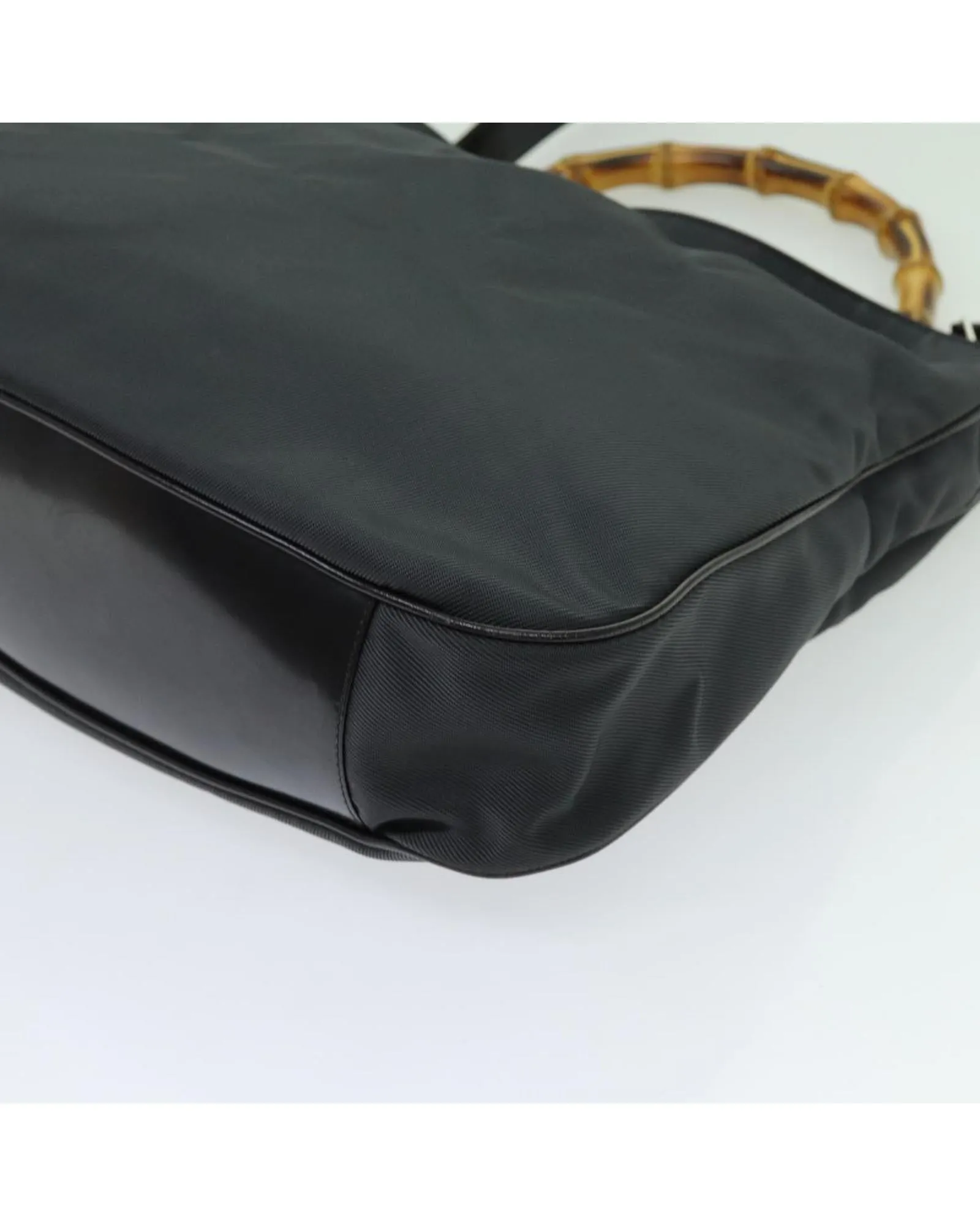Nylon Gray 2way Hand Bag with Bamboo Handle