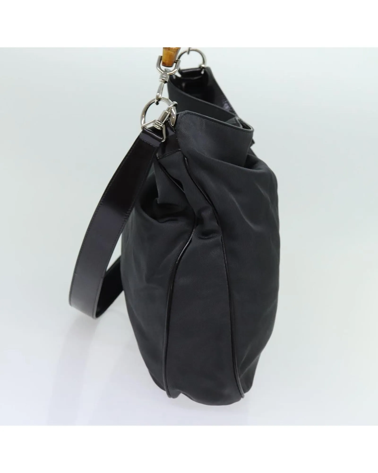 Nylon Gray 2way Hand Bag with Bamboo Handle