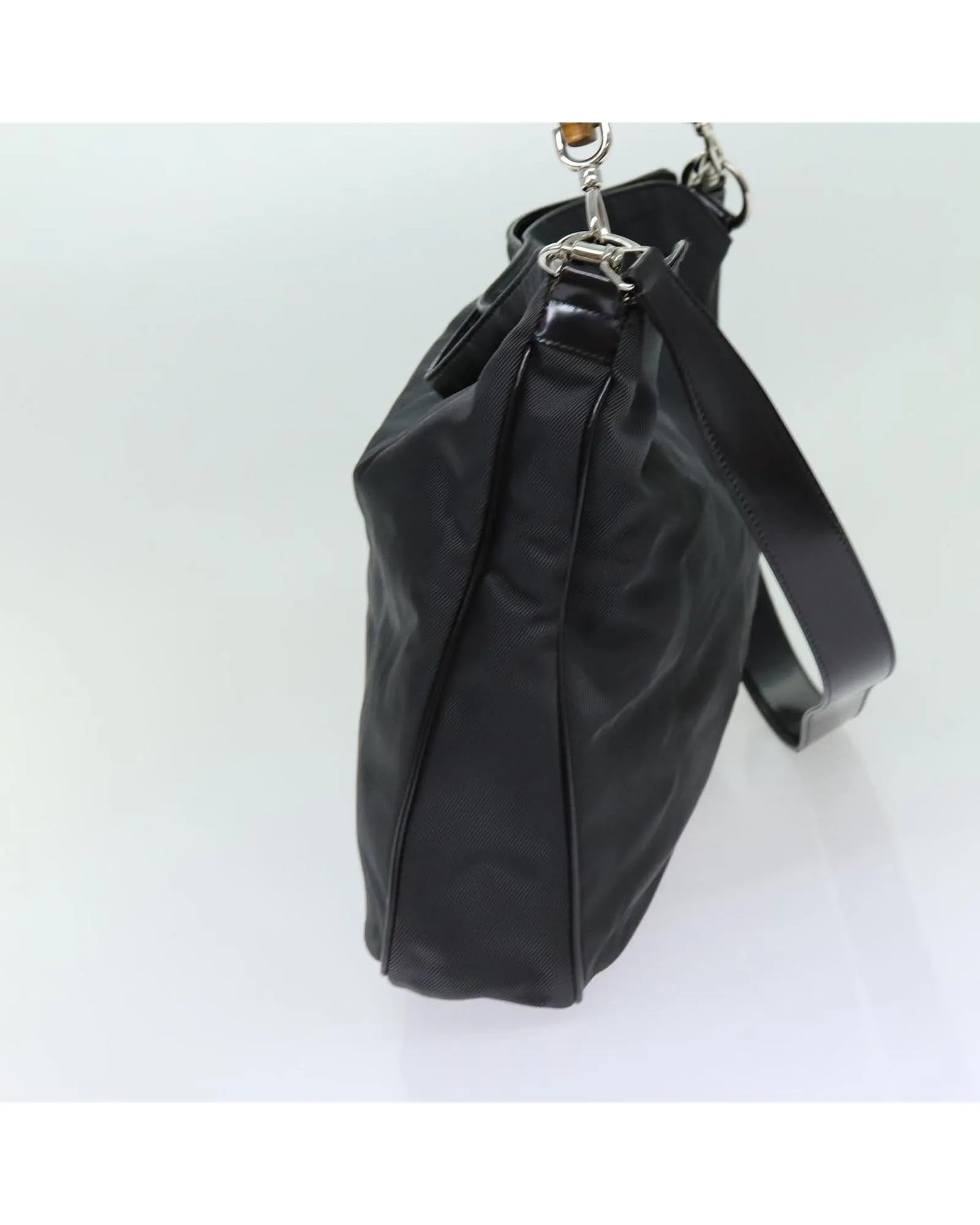Nylon Gray 2way Hand Bag with Bamboo Handle