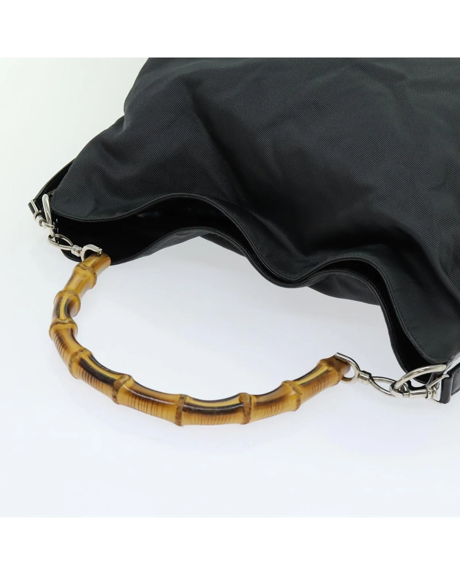 Nylon Gray 2way Hand Bag with Bamboo Handle