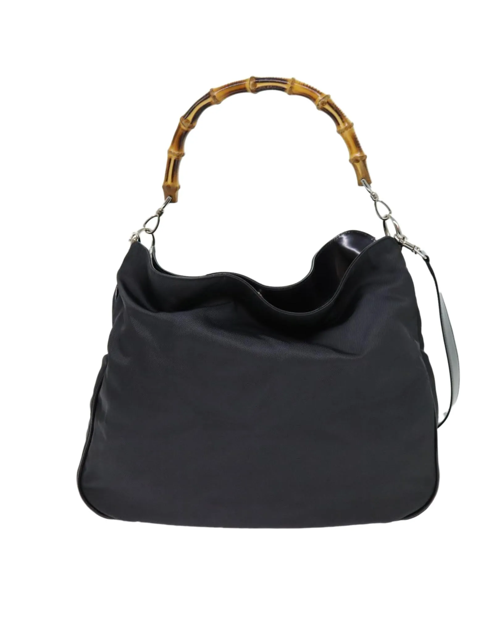 Nylon Gray 2way Hand Bag with Bamboo Handle