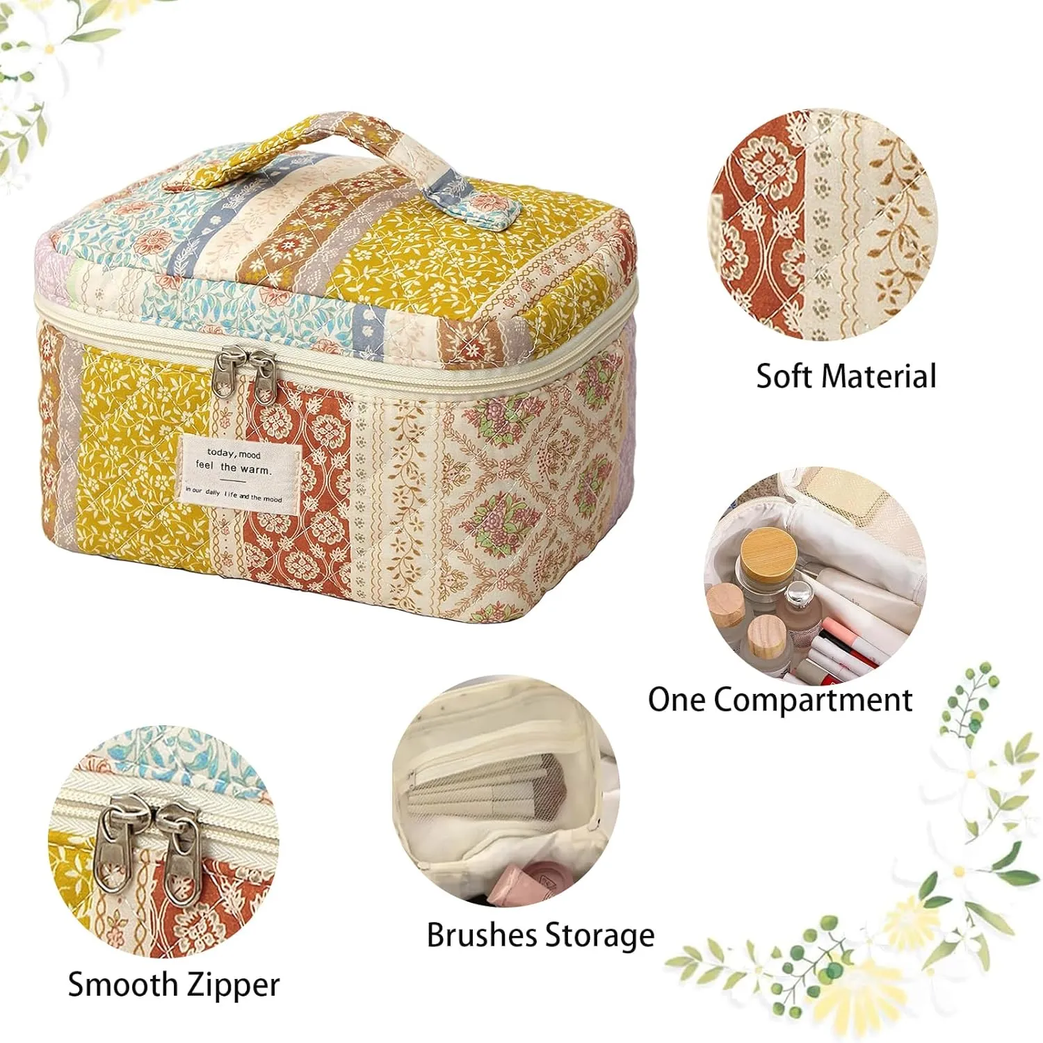 Quilted Makeup Bag Large Capacity Cute Cosmetic Bags for Women Floral Coquette Aesthetic Patchwork Travel Toiletry Make Up Organizer Bag