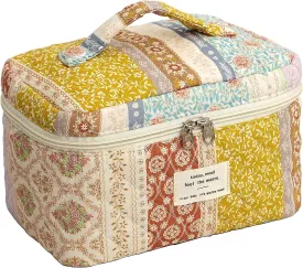 Quilted Makeup Bag Large Capacity Cute Cosmetic Bags for Women Floral Coquette Aesthetic Patchwork Travel Toiletry Make Up Organizer Bag
