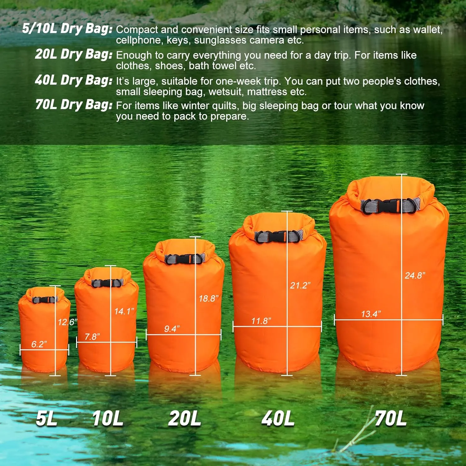 R2Depot Waterproof Dry Bag, 5L/10L/20L/40L/70L Dry Storage Bag for Kayaking, Gym, Hiking, Swimming (Green, 20L)