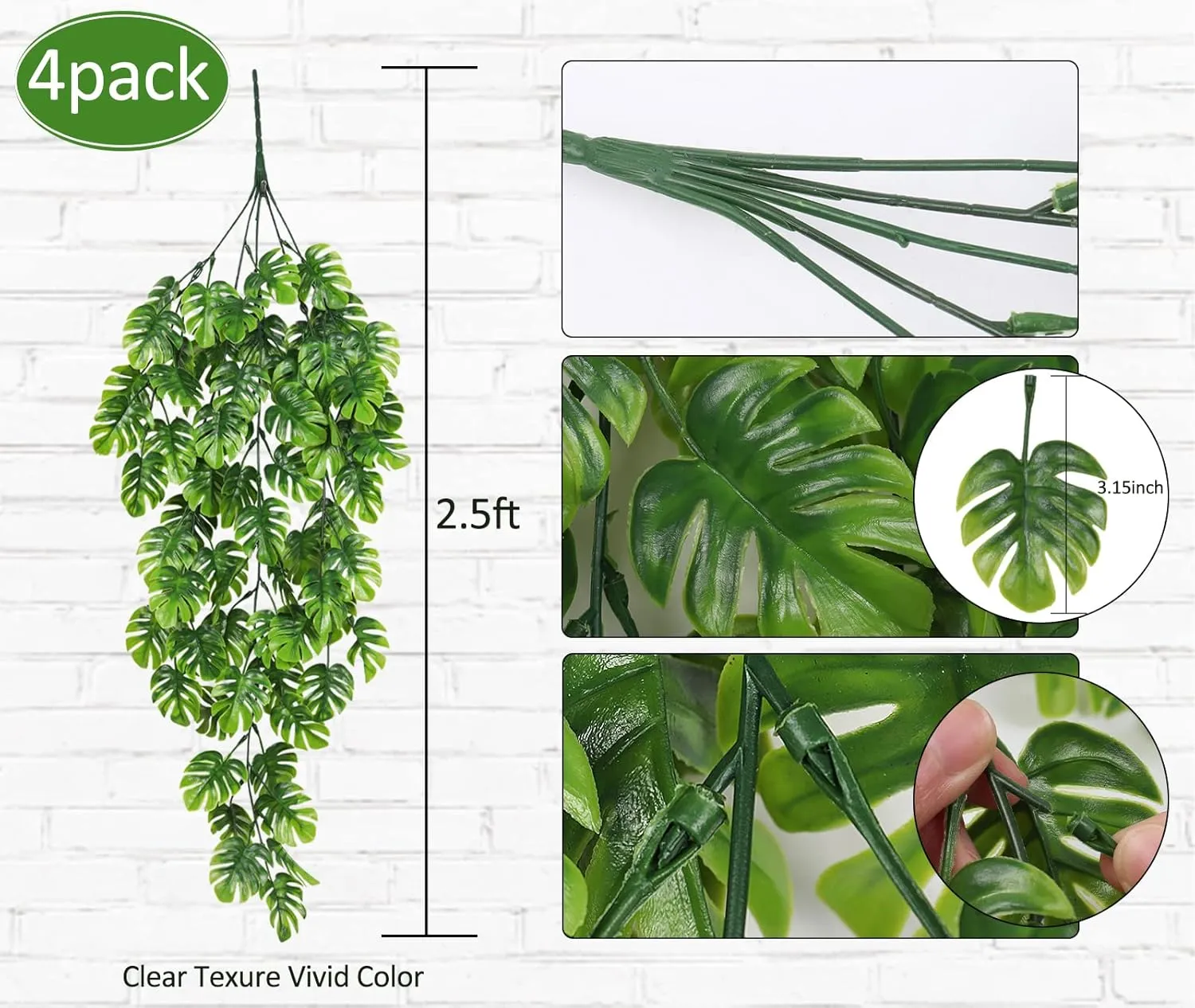 RECUTMS Artificial Hanging Plants 4Pcs, Fake Monstera Leaves Ivy Vine Faux Greenery UV Resistant Tropical Palm Leaf Swag Plant for Garden Home Jungle Hawaiian Luau Party Outdoor Indoor Spring Dcor