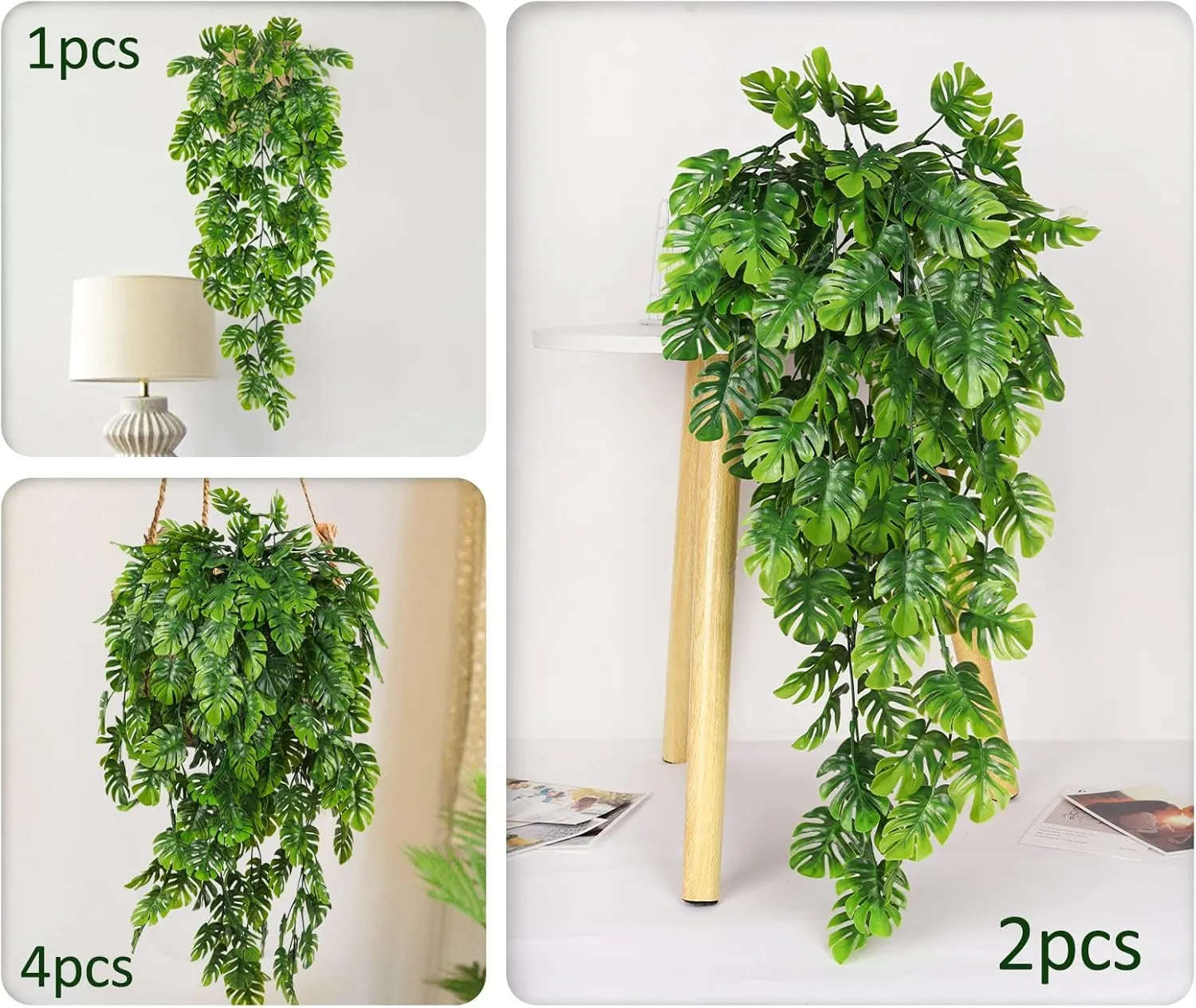 RECUTMS Artificial Hanging Plants 4Pcs, Fake Monstera Leaves Ivy Vine Faux Greenery UV Resistant Tropical Palm Leaf Swag Plant for Garden Home Jungle Hawaiian Luau Party Outdoor Indoor Spring Dcor