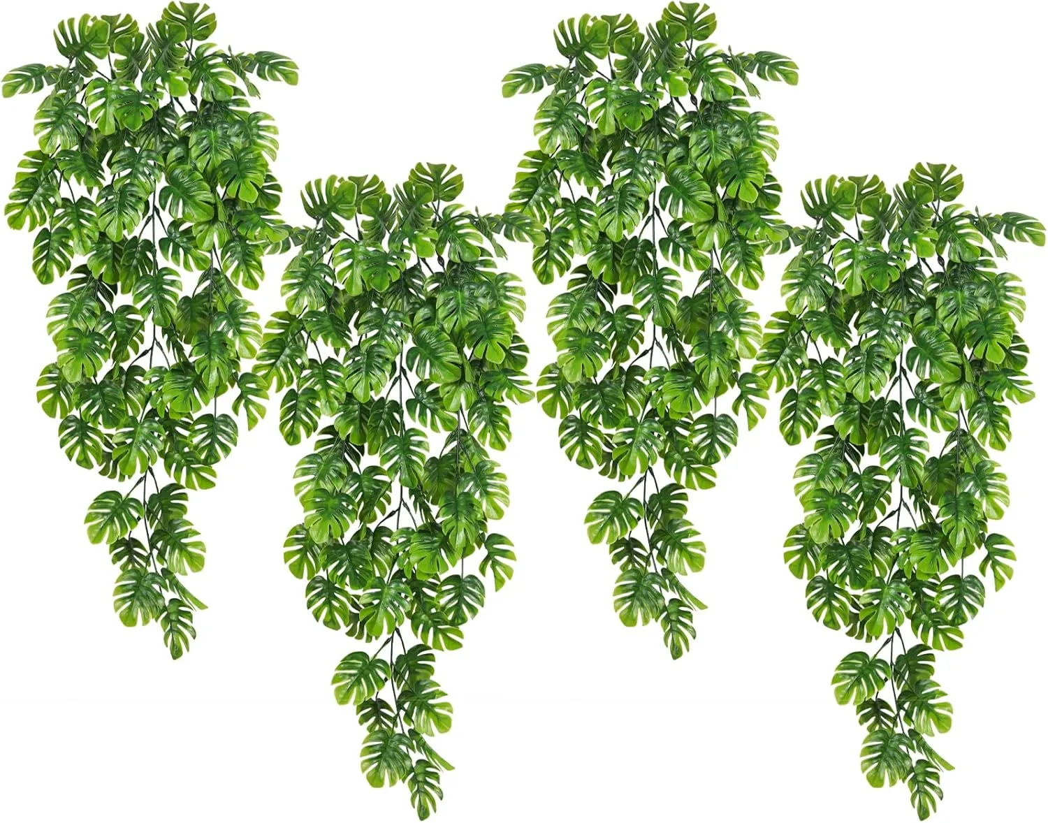 RECUTMS Artificial Hanging Plants 4Pcs, Fake Monstera Leaves Ivy Vine Faux Greenery UV Resistant Tropical Palm Leaf Swag Plant for Garden Home Jungle Hawaiian Luau Party Outdoor Indoor Spring Dcor