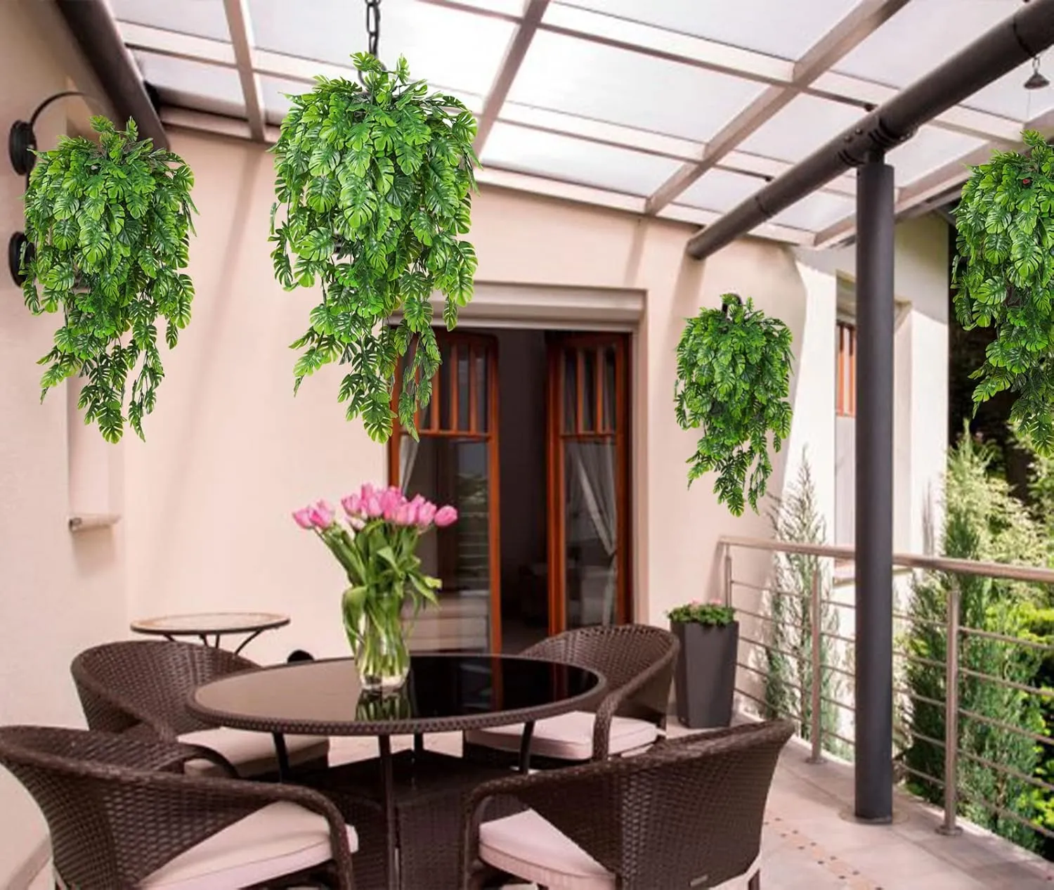 RECUTMS Artificial Hanging Plants 4Pcs, Fake Monstera Leaves Ivy Vine Faux Greenery UV Resistant Tropical Palm Leaf Swag Plant for Garden Home Jungle Hawaiian Luau Party Outdoor Indoor Spring Dcor
