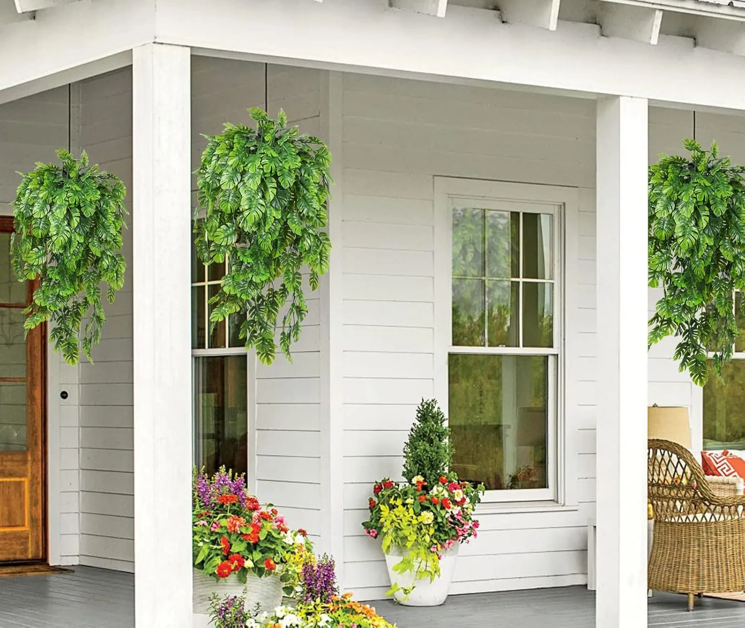 RECUTMS Artificial Hanging Plants 4Pcs, Fake Monstera Leaves Ivy Vine Faux Greenery UV Resistant Tropical Palm Leaf Swag Plant for Garden Home Jungle Hawaiian Luau Party Outdoor Indoor Spring Dcor