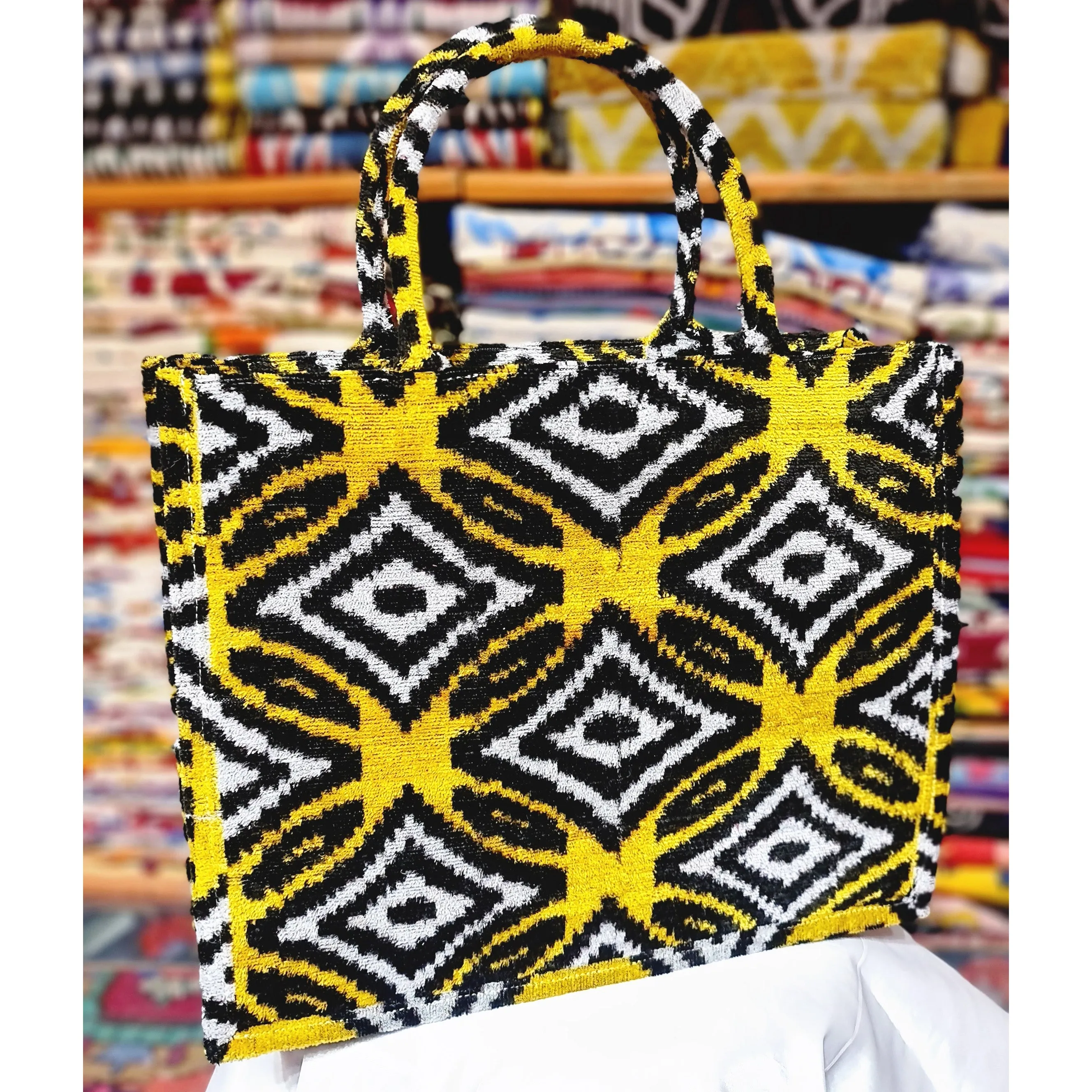 Silk Velvet Ikat Tote Bag Yellow Black