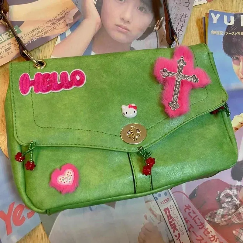 Sohiwoo Vintage Hello Kitty Womens Shoulder Bag Y2k Green Original Cross Harajuku Style Crossbody Bag Fashion Luxury Female Handbag