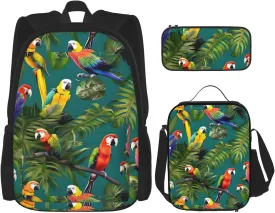 Tropical plants and parrots print 3-Piece Casual Backpack Set (Backpack   Waist Bag   Small Pouch), Unisex Daypack