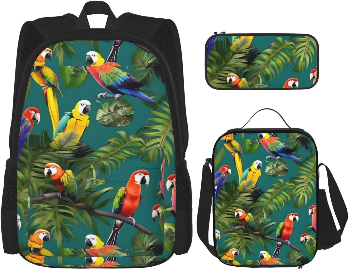 Tropical plants and parrots print 3-Piece Casual Backpack Set (Backpack   Waist Bag   Small Pouch), Unisex Daypack