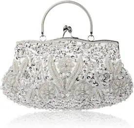 Women Vintage Beaded Evening Clutch Vintage Design Sequin Floral Top-handle Handbag Party Wedding Purse Wallet (Silver)